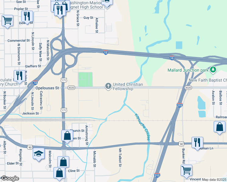 map of restaurants, bars, coffee shops, grocery stores, and more near 2903 Opelousas Street in Lake Charles