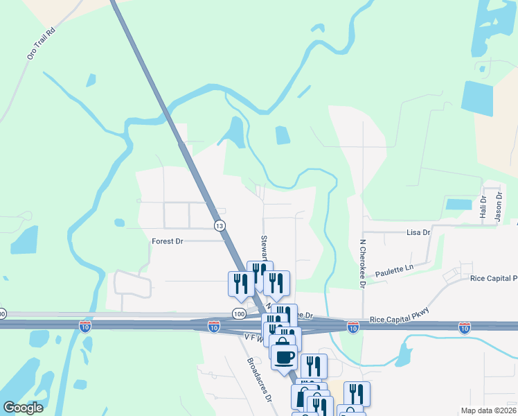 map of restaurants, bars, coffee shops, grocery stores, and more near 313 Stewartville Road in Crowley