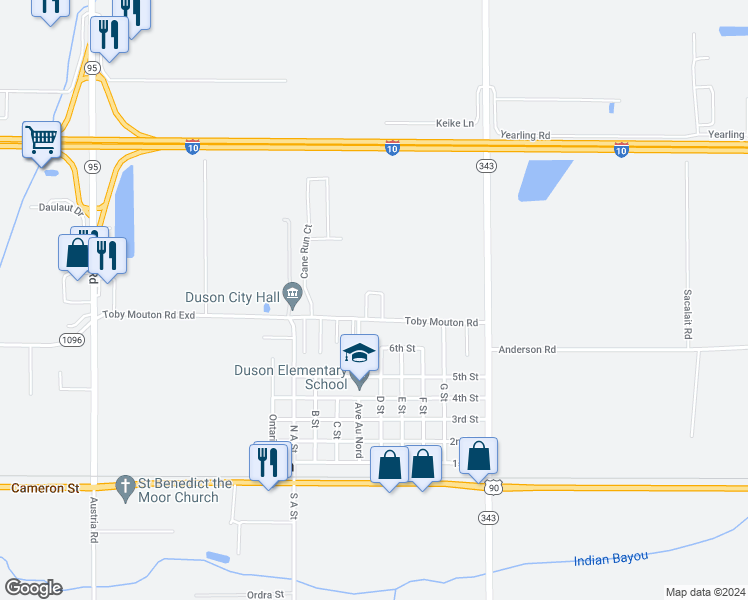 map of restaurants, bars, coffee shops, grocery stores, and more near 100 Frenchman Drive in Duson