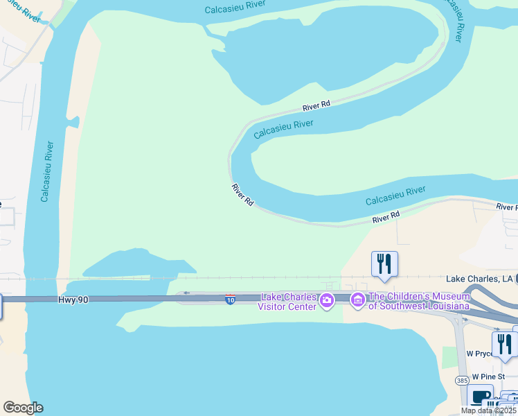 map of restaurants, bars, coffee shops, grocery stores, and more near 20 River Rd in Lake Charles