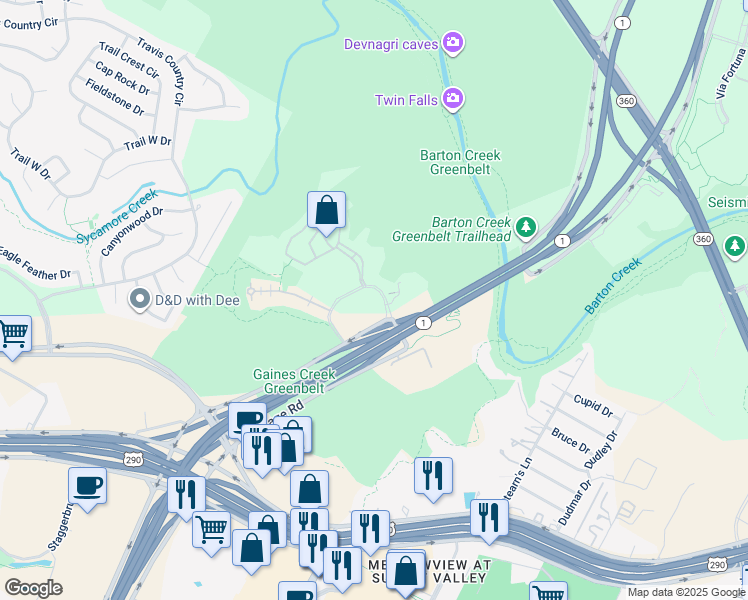 map of restaurants, bars, coffee shops, grocery stores, and more near 4409 Gaines Ranch Loop in Austin