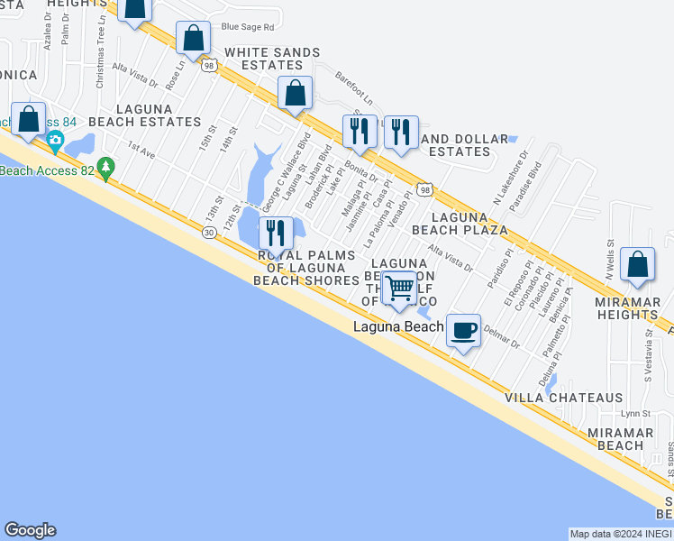 map of restaurants, bars, coffee shops, grocery stores, and more near 119 Casa Place in Panama City Beach
