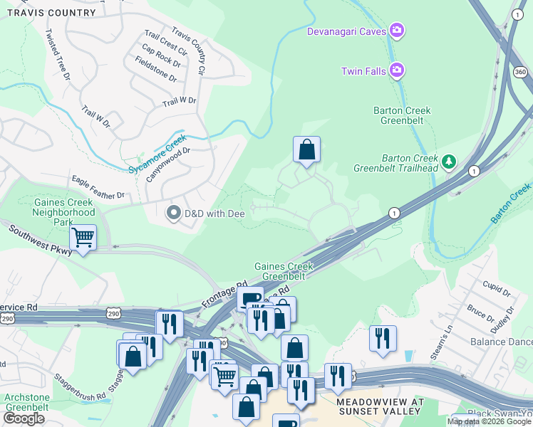 map of restaurants, bars, coffee shops, grocery stores, and more near 3921 Gaines Court in Austin