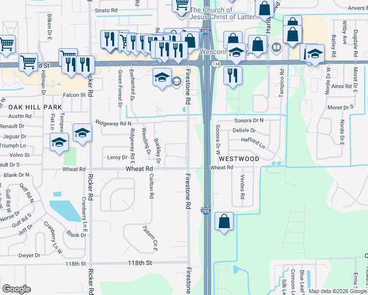 map of restaurants, bars, coffee shops, grocery stores, and more near 210 5928-2 Firestone Ap in Jacksonville