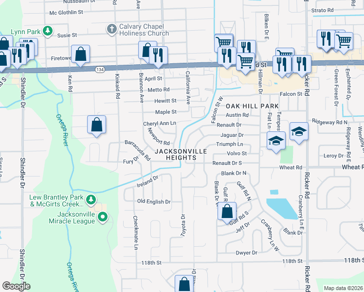 map of restaurants, bars, coffee shops, grocery stores, and more near in Jacksonville