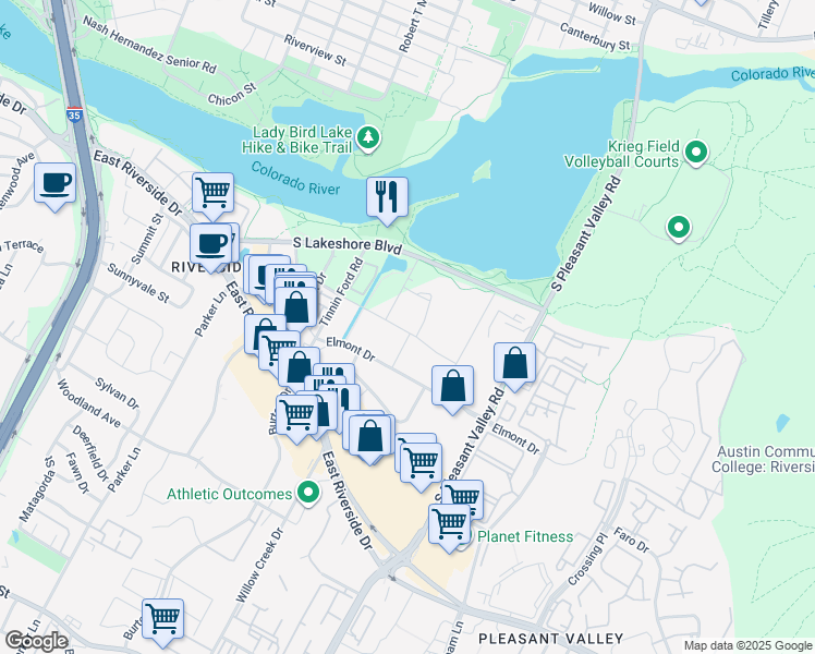 map of restaurants, bars, coffee shops, grocery stores, and more near 1201 Lady Bird Lane in Austin