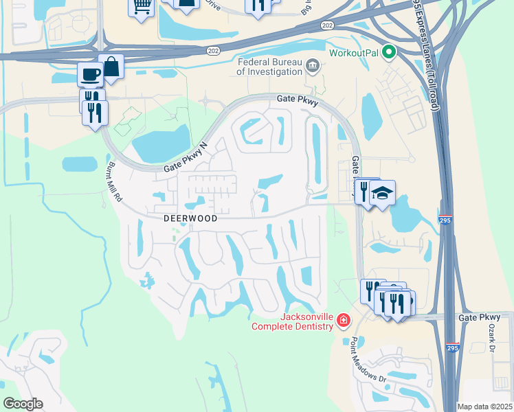 map of restaurants, bars, coffee shops, grocery stores, and more near 10961 Burnt Mill Road in Jacksonville