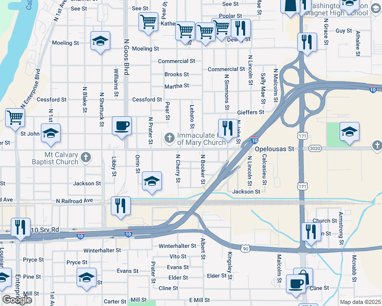 map of restaurants, bars, coffee shops, grocery stores, and more near 2107 Clarinda St in Lake Charles