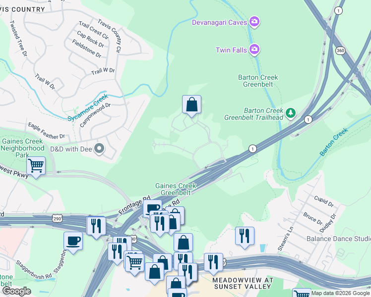 map of restaurants, bars, coffee shops, grocery stores, and more near 3816 Gaines Court in Austin