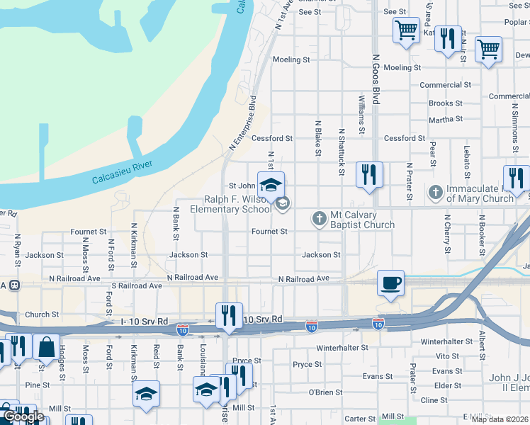 map of restaurants, bars, coffee shops, grocery stores, and more near 308 North Franklin Street in Lake Charles