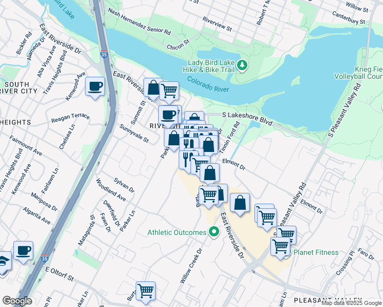 map of restaurants, bars, coffee shops, grocery stores, and more near 1510 Town Creek Drive in Austin