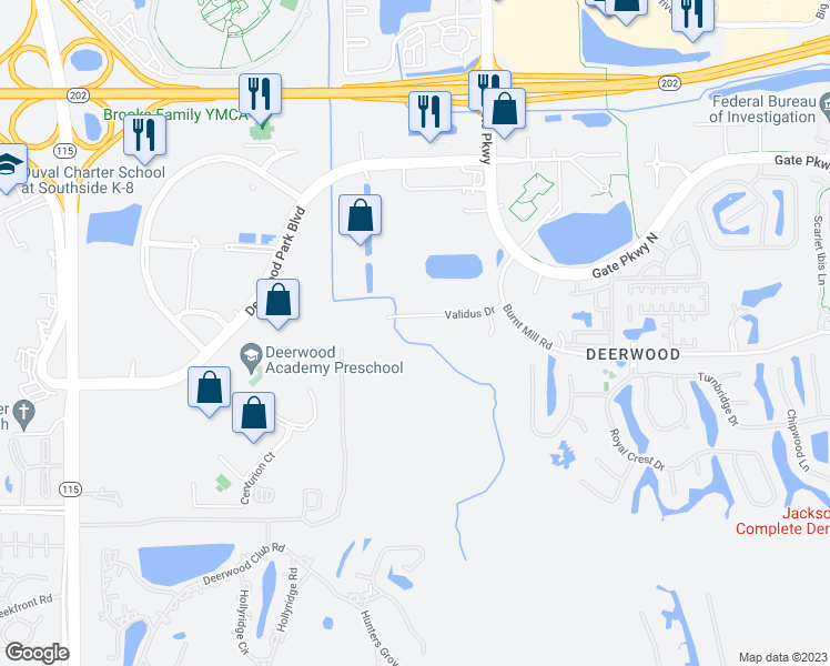 map of restaurants, bars, coffee shops, grocery stores, and more near 10520 Validus Drive in Jacksonville