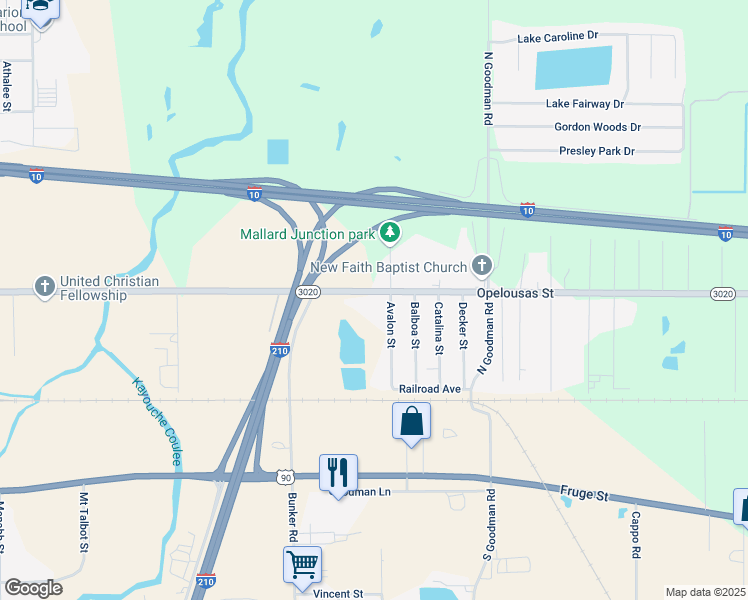 map of restaurants, bars, coffee shops, grocery stores, and more near 3728 Opelousas Street in Lake Charles