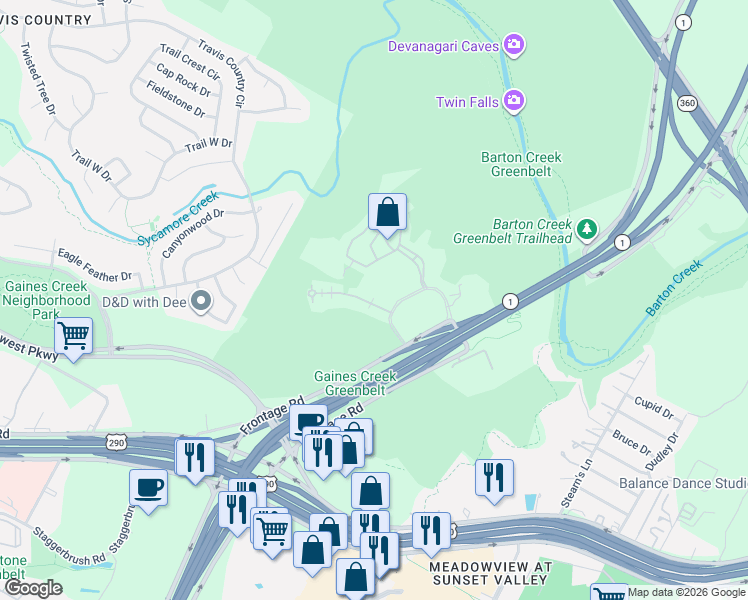 map of restaurants, bars, coffee shops, grocery stores, and more near 3819 Gaines Court in Austin