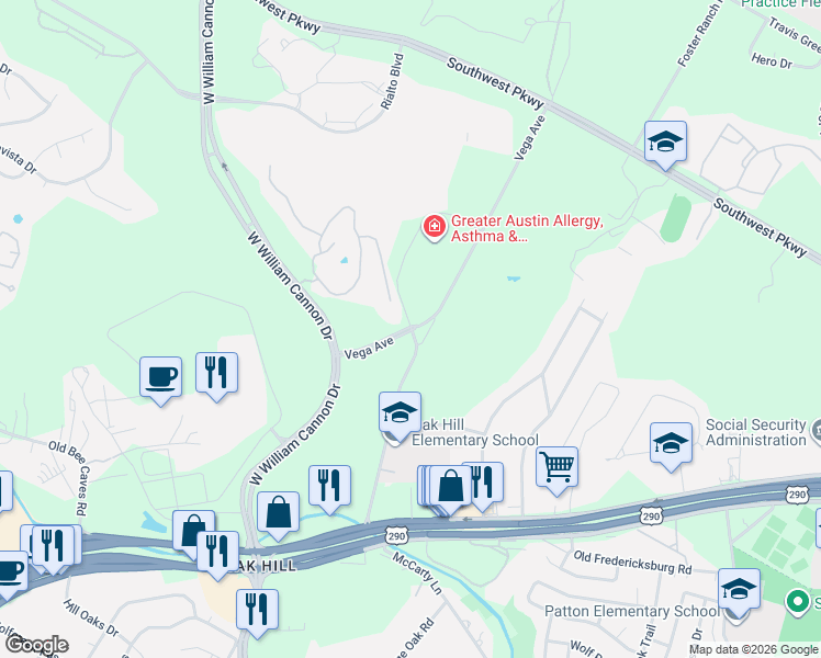 map of restaurants, bars, coffee shops, grocery stores, and more near 5610 Long Voyage Drive in Austin