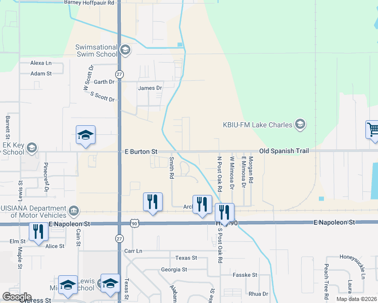 map of restaurants, bars, coffee shops, grocery stores, and more near 2312 E Burton St in Sulphur