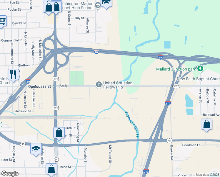 map of restaurants, bars, coffee shops, grocery stores, and more near 3042 Opelousas St in Lake Charles