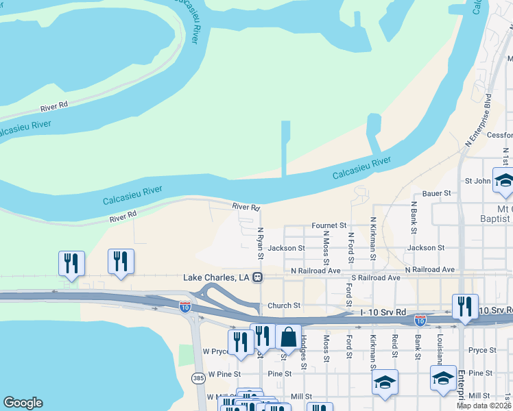 map of restaurants, bars, coffee shops, grocery stores, and more near 305 North Ryan Street in Lake Charles