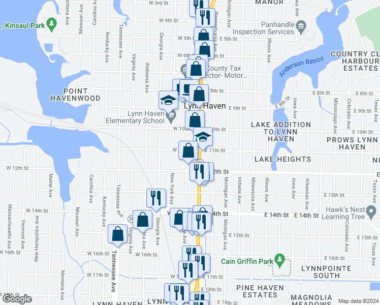 map of restaurants, bars, coffee shops, grocery stores, and more near 105 West 11th Street in Lynn Haven