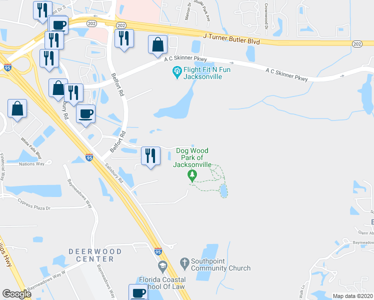 map of restaurants, bars, coffee shops, grocery stores, and more near 7950 Belfort Parkway in Jacksonville
