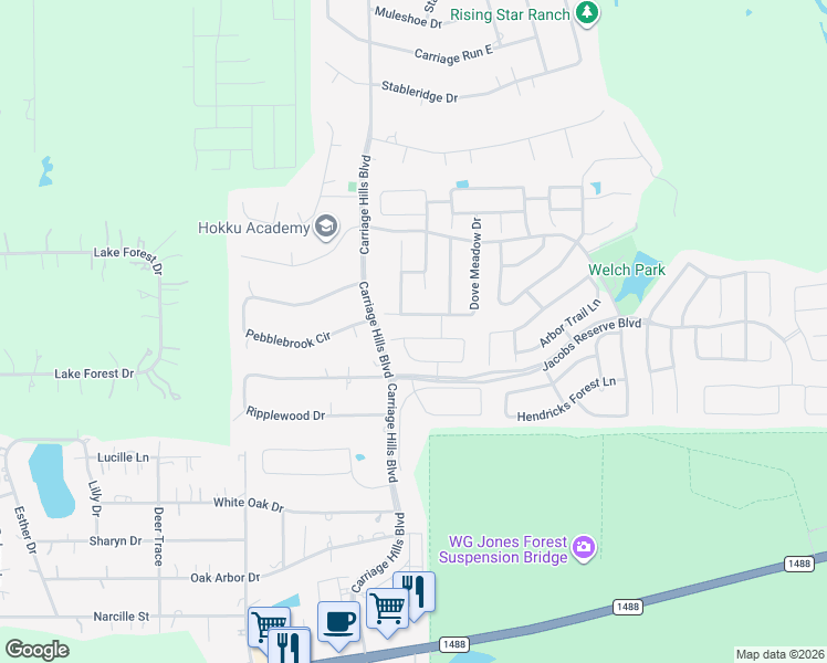 map of restaurants, bars, coffee shops, grocery stores, and more near 138 Sweet Leaf Grove Lane in Conroe