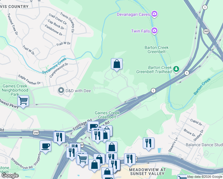 map of restaurants, bars, coffee shops, grocery stores, and more near 3822 Gaines Court in Austin