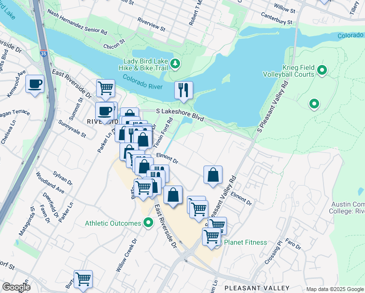 map of restaurants, bars, coffee shops, grocery stores, and more near 2223 Waterloo City Lane in Austin