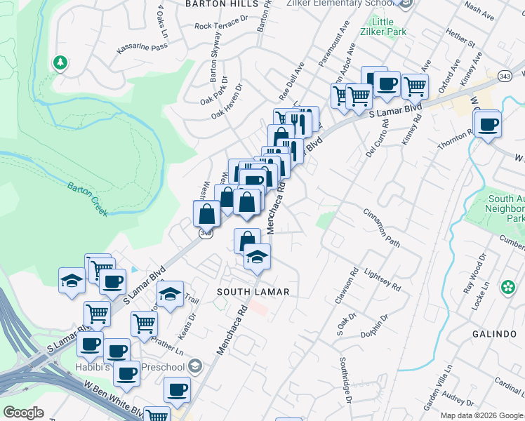 map of restaurants, bars, coffee shops, grocery stores, and more near 3003 Menchaca Road in Austin