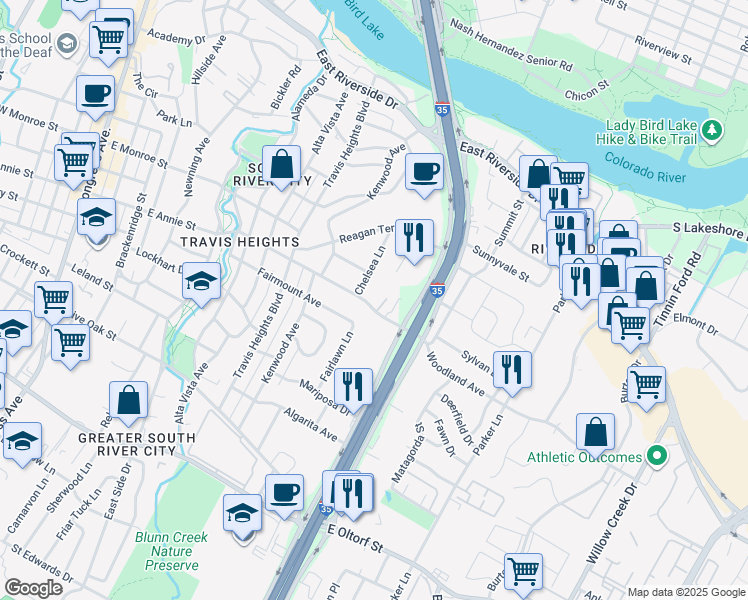 map of restaurants, bars, coffee shops, grocery stores, and more near 1824 South Interstate 35 Frontage Road in Austin
