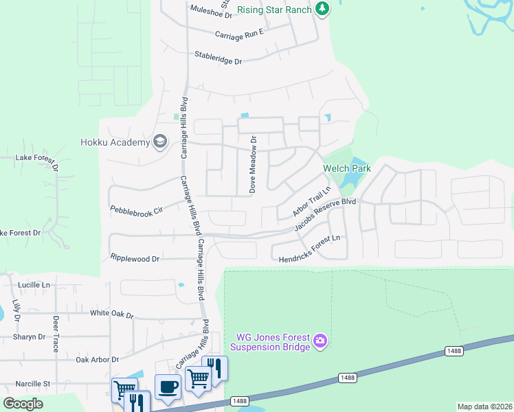 map of restaurants, bars, coffee shops, grocery stores, and more near 186 Maple Grove Drive in Conroe