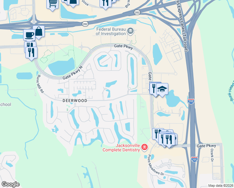map of restaurants, bars, coffee shops, grocery stores, and more near 7604 Chipwood Lane in Jacksonville