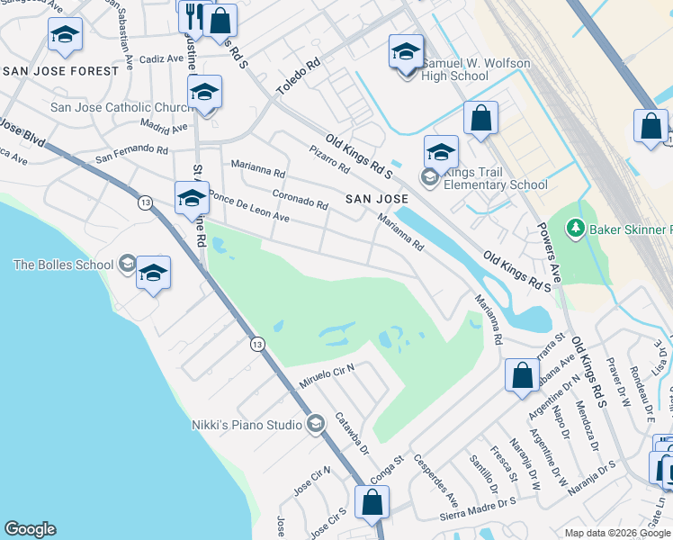 map of restaurants, bars, coffee shops, grocery stores, and more near 3816 Via De La Reina Street in Jacksonville