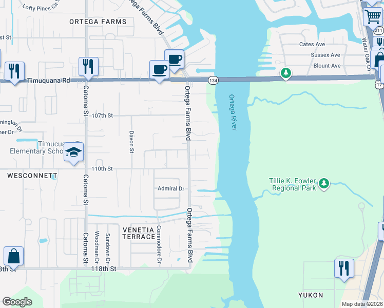 map of restaurants, bars, coffee shops, grocery stores, and more near 5942 Ortega Farms Boulevard in Jacksonville