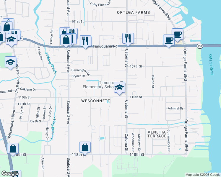 map of restaurants, bars, coffee shops, grocery stores, and more near 5469 110th Street in Jacksonville