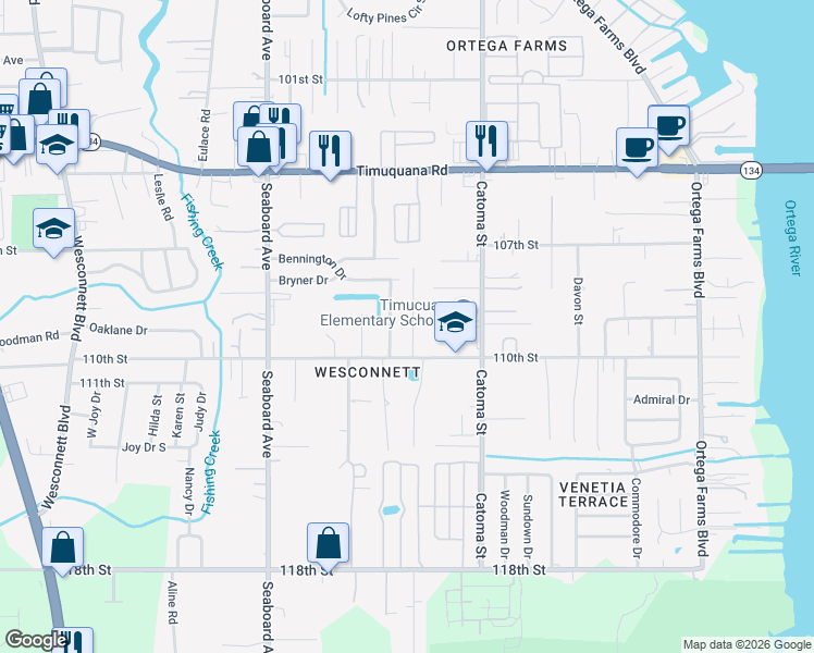 map of restaurants, bars, coffee shops, grocery stores, and more near 5469 110th Street in Jacksonville