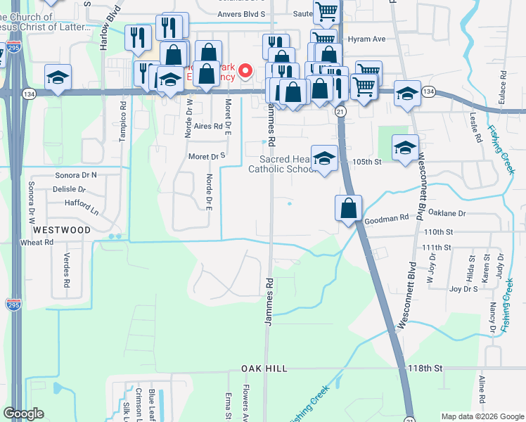 map of restaurants, bars, coffee shops, grocery stores, and more near 5930 Wilmar Road West in Jacksonville