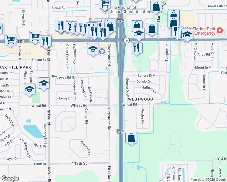 map of restaurants, bars, coffee shops, grocery stores, and more near 7139 Wheat Road in Jacksonville