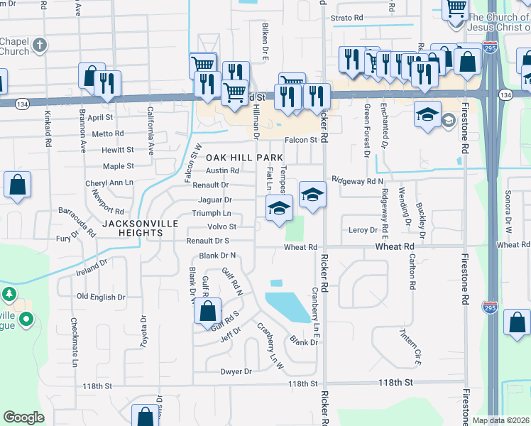 map of restaurants, bars, coffee shops, grocery stores, and more near 5914 Hillman Drive in Jacksonville