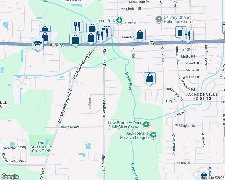 map of restaurants, bars, coffee shops, grocery stores, and more near 8730 Barco Lane in Jacksonville