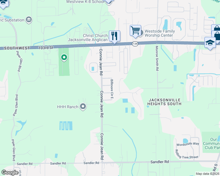 map of restaurants, bars, coffee shops, grocery stores, and more near 5734 Billmore Circle East in Jacksonville