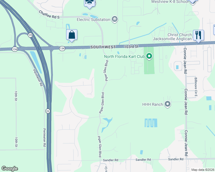 map of restaurants, bars, coffee shops, grocery stores, and more near 5657 Piper Glen Boulevard in Jacksonville