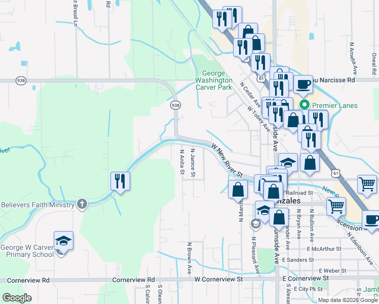 map of restaurants, bars, coffee shops, grocery stores, and more near 1122 North Anita Avenue in Gonzales