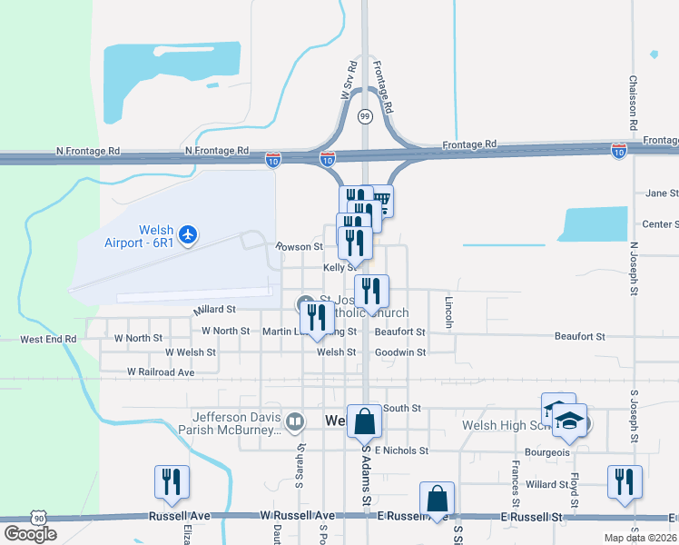 map of restaurants, bars, coffee shops, grocery stores, and more near 401-499 North Elm Street in Welsh