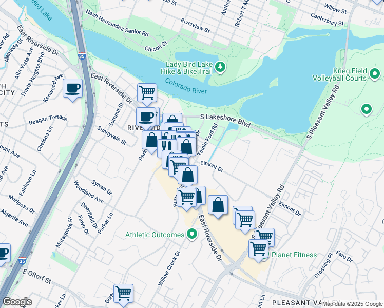 map of restaurants, bars, coffee shops, grocery stores, and more near 1505 Town Creek Drive in Austin