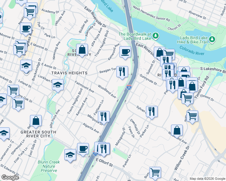 map of restaurants, bars, coffee shops, grocery stores, and more near 1316 1/2 Woodland Avenue in Austin