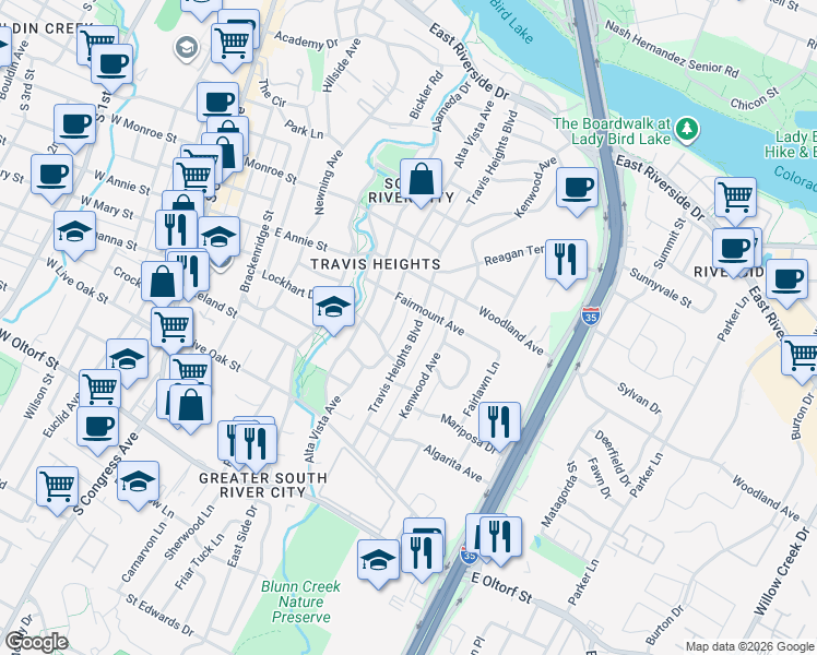 map of restaurants, bars, coffee shops, grocery stores, and more near 1815 Travis Heights Boulevard in Austin