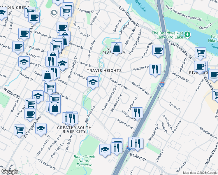 map of restaurants, bars, coffee shops, grocery stores, and more near 1815 Travis Heights Boulevard in Austin