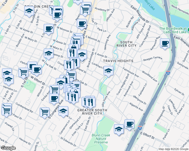 map of restaurants, bars, coffee shops, grocery stores, and more near 503 Leland Street in Austin