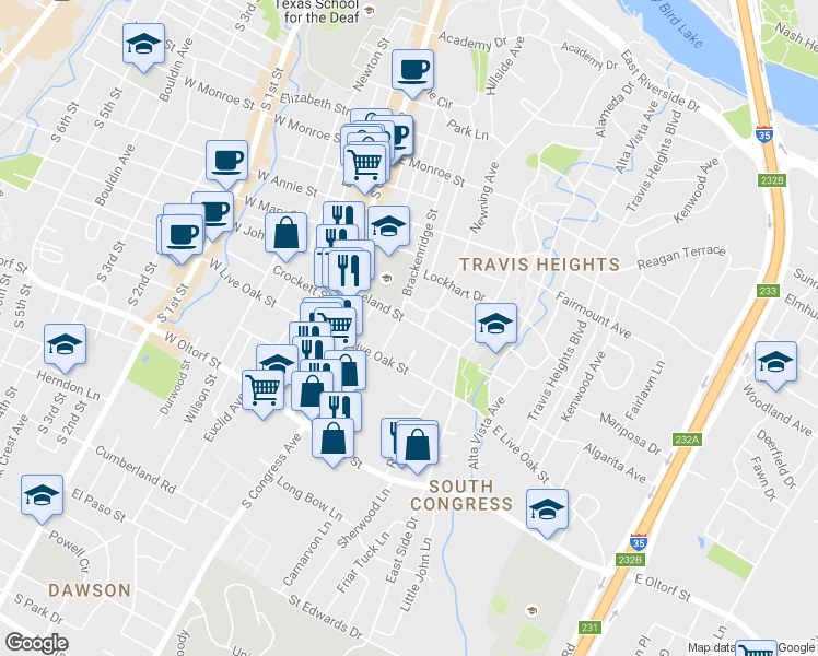 map of restaurants, bars, coffee shops, grocery stores, and more near 503 Leland Street in Austin