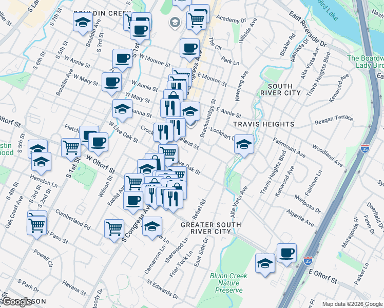 map of restaurants, bars, coffee shops, grocery stores, and more near 2118 Brackenridge Street in Austin